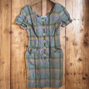 Santa Fe Dress Women Size 6 Plaid Shoulder pads Buttons Capsule Pleated Vtg